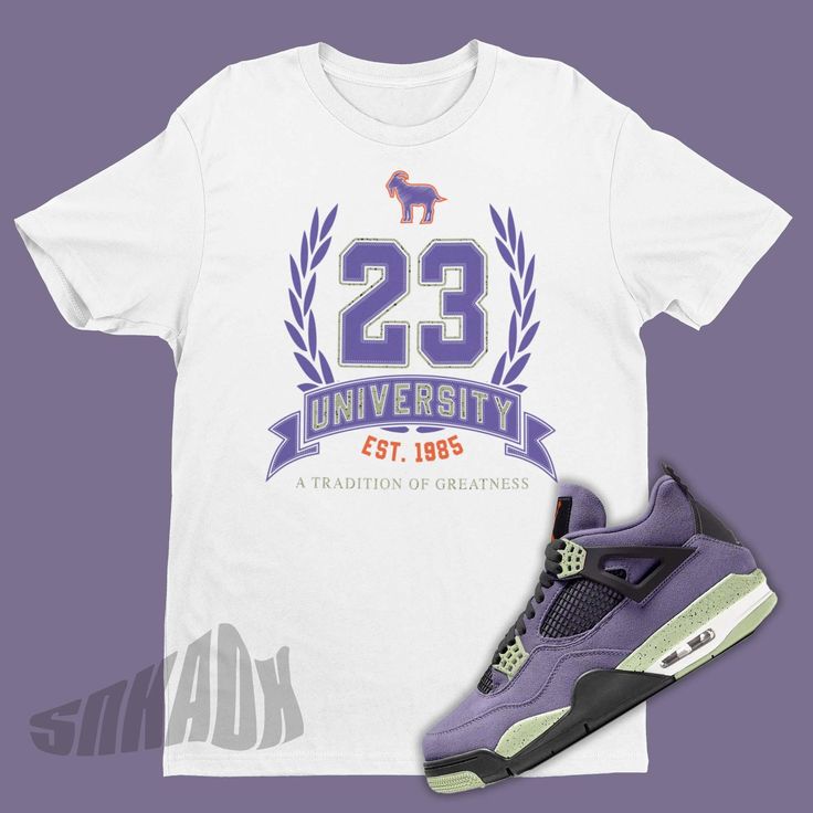 This sneaker match tee is the perfect shirt to match your Air Jordan 4 Canyon Purple. This Retro 4 Canyon Purple sneaker match tee will make a great gift for sneakerheads or sneaker collectors. Sneaker match tee for Style Code: AQ9129-500. Check out our latest Jordan 4 matching shirts and more shirts to match AJ4 Canyon Purple available now!• Style: Short Sleeve Crew Neck Shirt - Shoes not included• Materials: 100% cotton. Dark Heather is 65% polyester, 35% cotton• Shirt Size: S, M, L, XL, 2XL, White Varsity T-shirt For Streetwear, Graphic Tee With Logo Print For Sneaker Matching, Throwback Sports T-shirt With Screen Print, Sporty Screen Print T-shirt For Streetwear, Casual Purple T-shirt For Streetwear, Collegiate Crew Neck T-shirt For Streetwear, Throwback Cotton T-shirt For Sports, Sports Purple T-shirt With Logo Print, Purple Sports T-shirt With Logo Print