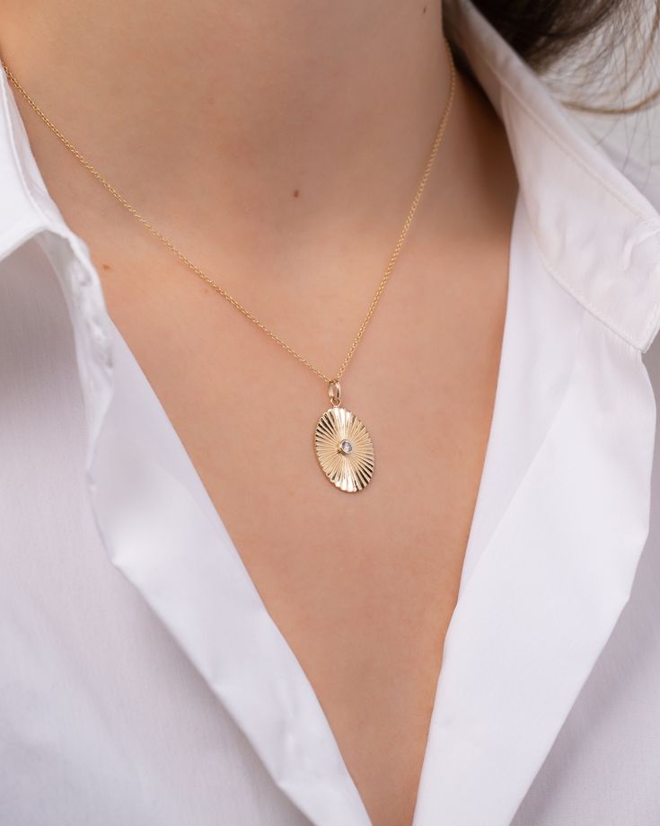 14K Gold Pleated Oval with Round Diamond Pendant - Zoe Lev Jewelry Diamond Jewelry With Fluted Bezel As Gift, Formal Oval Jewelry With Fluted Bezel, Luxury Oval Single Diamond Jewelry, Round Diamond Necklace, Round Diamond Pendant, Gold Chic, Diamond Carat, Diamond Clarity, Link Chain