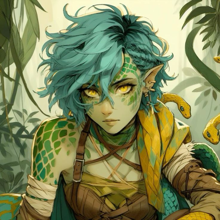 a woman with blue hair and green eyes holding a snake