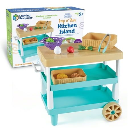 two children's play kitchen island with baskets