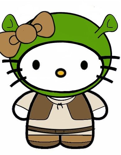 an image of hello kitty wearing a green hat and brown pants with bows on her head