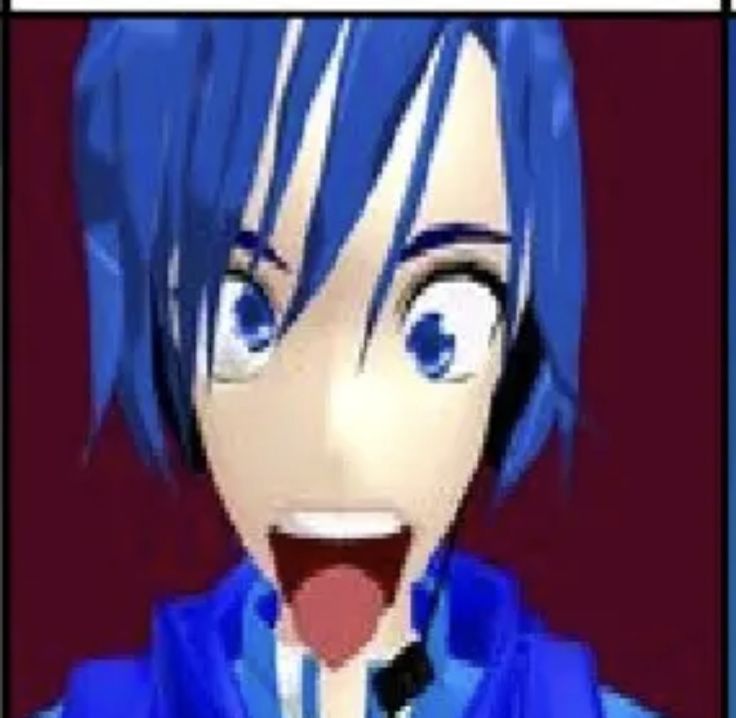 an animated image of a person with blue hair and eyes, making a funny face