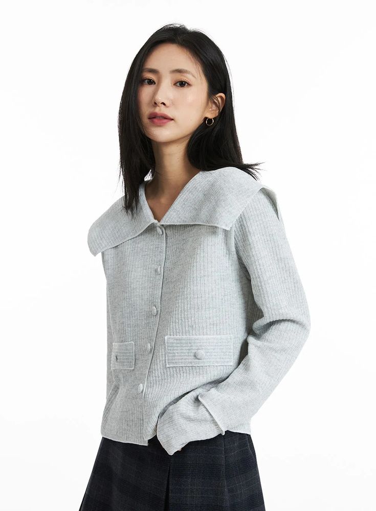 Lovely Collar Buttoned Cardigan OO323 - Korean Women's Fashion | LEWKIN Fitted Cardigan For Office, Fall Lapel Collar Blouse For Daywear, Fall Daywear Blouse With Lapel Collar, Fall Button-up Tops With Hidden Button Closure, Classic Office Cardigan With Lapel Collar, Gray Tops For Workwear In Fall, Versatile Sweater With Button Closure For Work, Versatile Workwear Sweater With Button Closure, Chic Collared Fall Cardigan