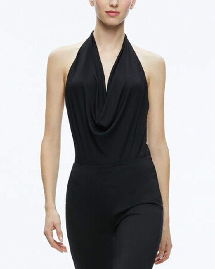 Alice + Olivia Black Halter Cowl Neck Dani Bodysuit Halterneck; draped cowl detail Sleeveless Open upper back Slim silhouette 95% polyester, 5% elastane Cowl Halter Neck Dress, Chic Halter Neck Bodysuit In Elastane, Fitted Halter Top With Cowl Back For Night Out, Chic Halter Neck Elastane Bodysuit, Sleeveless Bodysuit For Evening, Sleeveless Elastane Bodysuit For Evening, Cowl Neck Shirt Outfit, Stretch Halter Neck Bodysuit For Evening, Elegant Elastane Halter Neck Halter Top