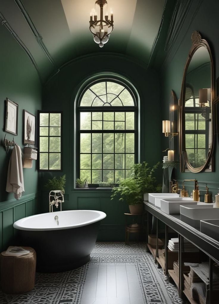 a bath room with a tub a sink and two mirrors on the wall in front of a window