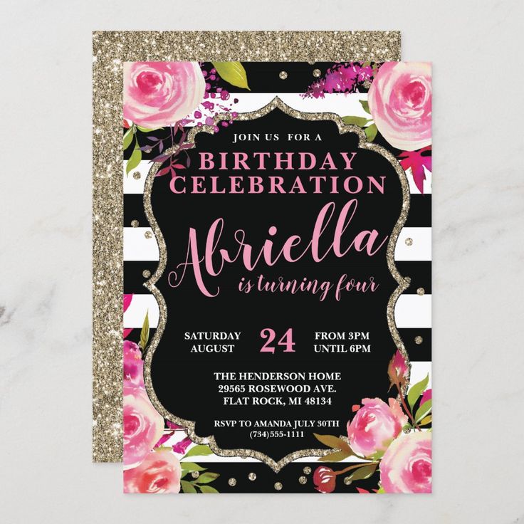 a black and white striped birthday party with pink roses on it, gold glitters around the edges