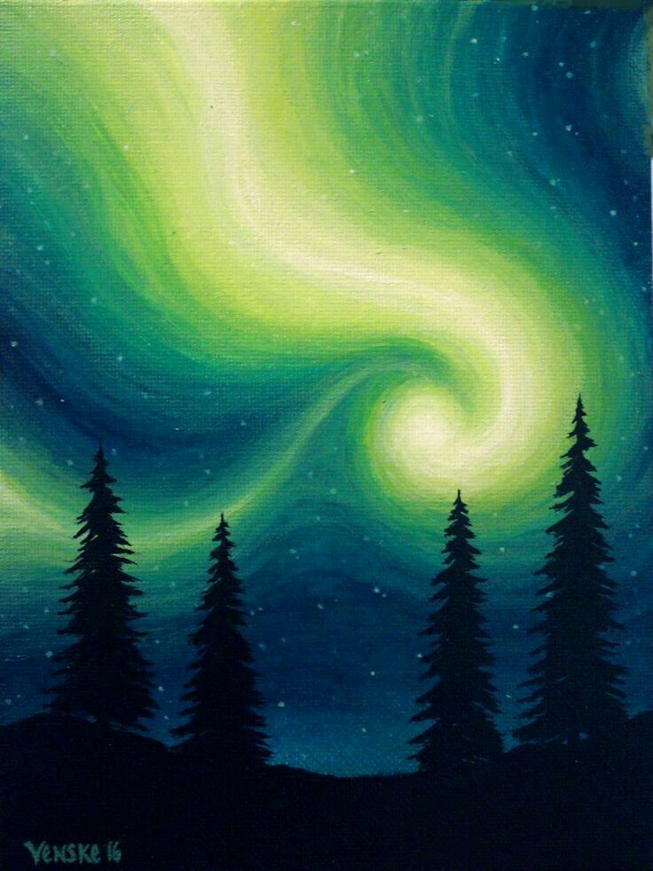 an acrylic painting of the night sky with green and blue aurora bores