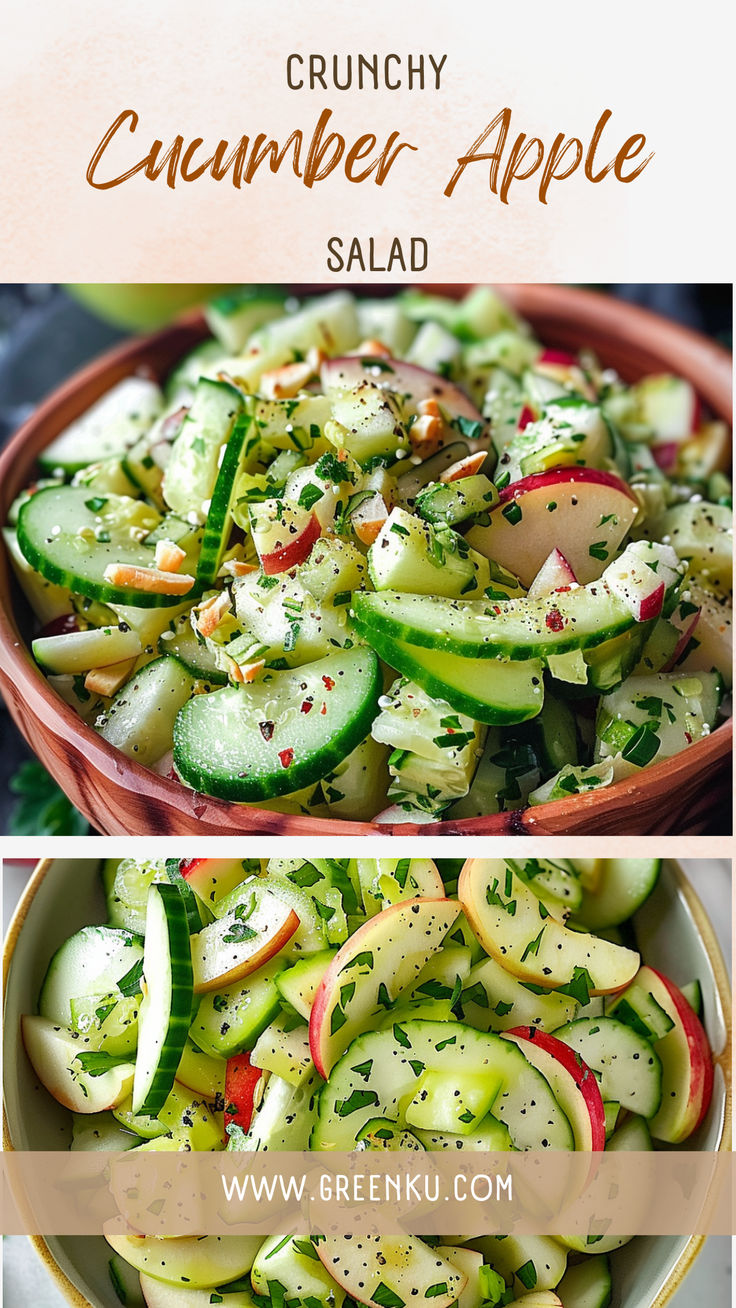 two pictures showing different types of vegetables in bowls and on the same plate, each containing cucumber apple salad