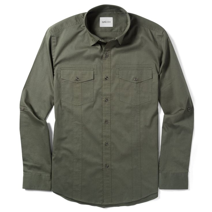 Explorer Two Pocket Men's Utility Shirt In Fatigue Green Cotton Twill On Body Utility Workwear Tops With Multiple Pockets, Casual Khaki Tops With Multiple Pockets, Khaki Button-up Tops With Side Pockets, Modern Cotton Shirt With Pockets, Utility Button-up Top With Multiple Pockets, Green Workwear Tops With Flap Pockets, Green Tops With Flap Pockets For Work, Collared Work Tops With Multiple Pockets, Collared Workwear Tops With Multiple Pockets