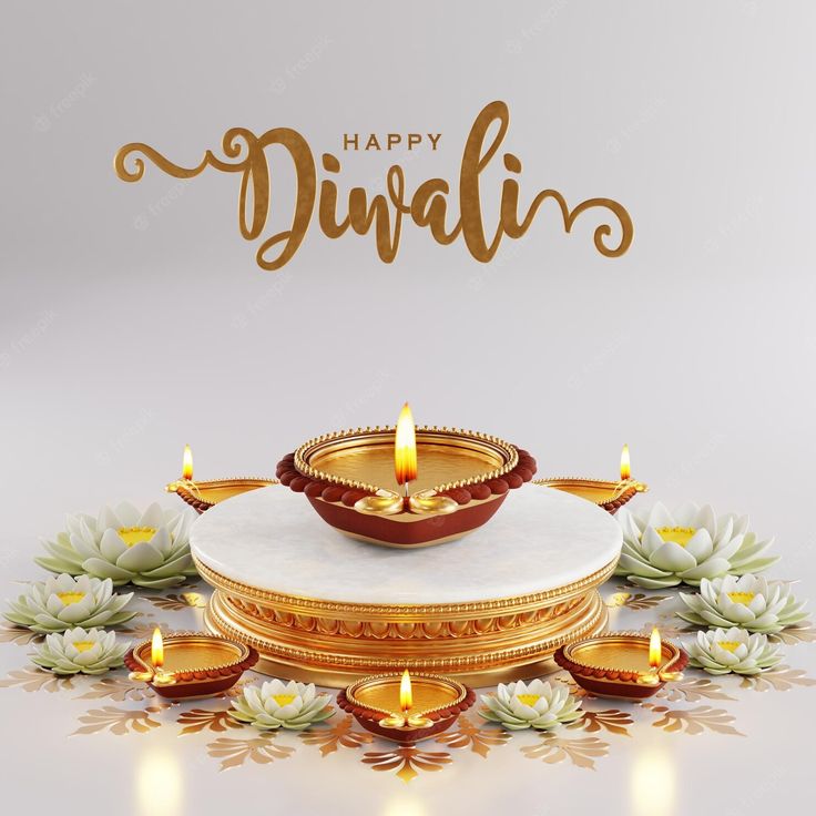 happy diwali greeting card with candles and flowers