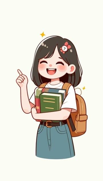 a girl with a backpack holding a book and pointing at the viewer's finger