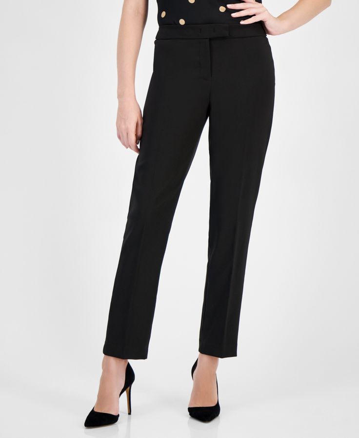 in stock Formal Mid-rise Bottoms With Belt Loops, Tailored Ankle-length Black Pants, Classic Black Straight Leg Pants, Black Tailored Tapered Leg Pants, Black Elastane Bottoms With Belt Loops, Classic Black Leather Pants, Black Elastane Pants With Belt Loops, Classic Black Ankle-length Pants, Classic Black Tapered Leg Pants