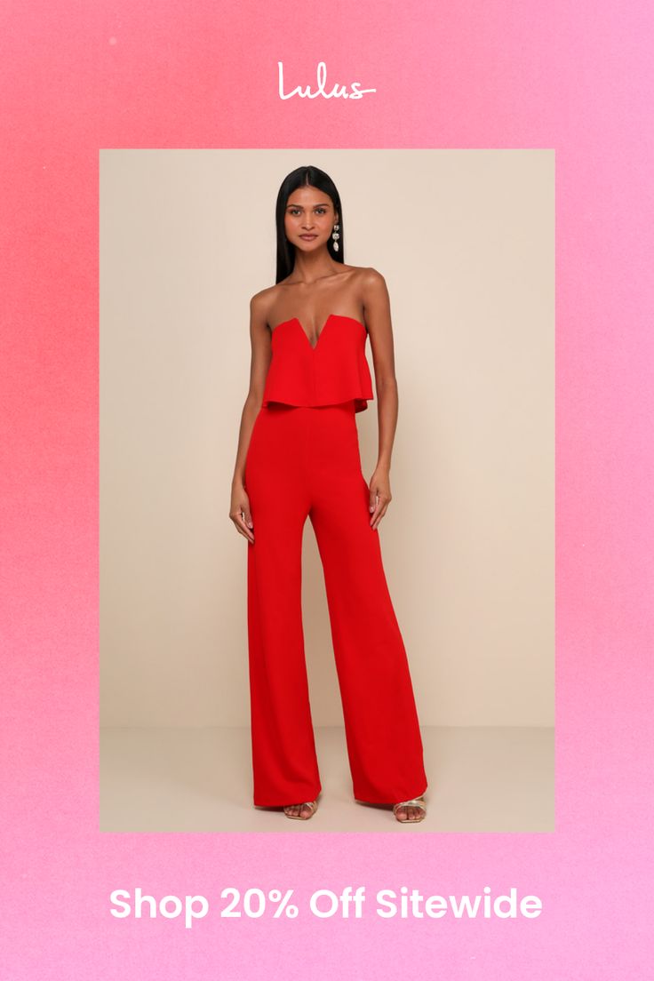 You'll be absolutely irresistible when you're wearing the Lulus Power of Love Red Strapless Jumpsuit! Stretch crepe knit shapes a strapless bodice with a fluttering tier, hidden V-bar, and no-slip strips. A high, fitted waist tops relaxed wide leg pants. Hidden back zipper/hook clasp. Fit: This garment fits true to size. Length: Floor length. Size medium measures 56" from top to bottom. Inseam: 32.50 Front Rise: 14.00 Bust: Works best for A to C cup sizes - consider sizing up for fuller bust. Waist: Fitted - very fitted at natural waist. Hip: Fitted - stretchy fabric allows room for hips. Undergarments: May be worn with petals, or no bra. Fabric: Fabric is very stretchy. Unlined. 96% Polyester, 4% Spandex. Hand Wash Cold. Do Not Bleach. Line Dry. Iron Low Heat. Imported. Lulus | Power of L Strapless Ruffled Jumpsuits And Rompers For Date Night, Flirty Strapless Fitted Jumpsuits And Rompers, Fitted Strapless Flirty Jumpsuits And Rompers, Strapless Sleeveless Ruffles Jumpsuit For Date Night, Glamorous Strapless Jumpsuits And Rompers For Date Night, Bandeau Strapless Jumpsuit For Party, Chic Red Tube Top For Evening, Chic Red Strapless Jumpsuit For Evening, Flirty Strapless Jumpsuits And Rompers For Date Night