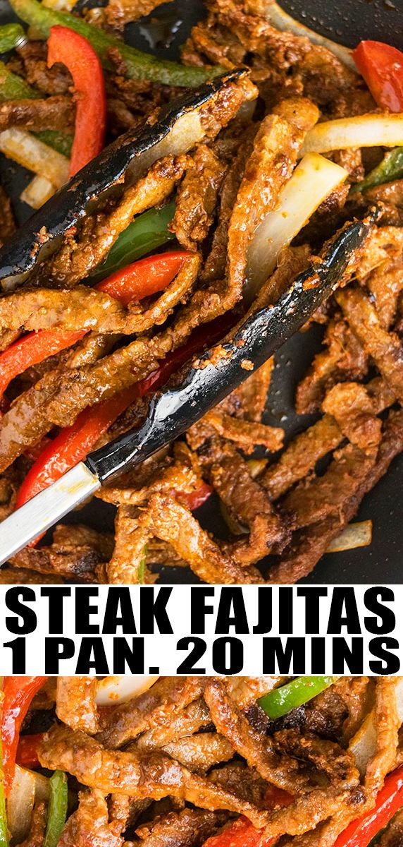 steak fajitas with peppers and onions in a skillet