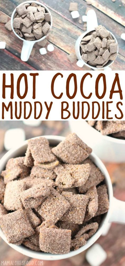 hot cocoa muddy buddies in a white bowl on a wooden table with text overlay