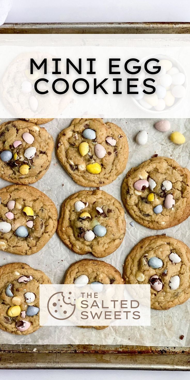 cookies with mini eggs in the middle on a baking sheet and title overlay that reads, mint egg cookies