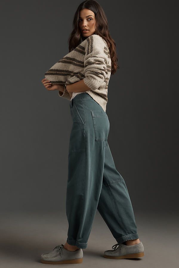 The Closed Rhannon Pants feature large worker-style pockets and an adjustable barrel leg using press studs at the hem. | Rhannon Barrel Pants by Closed in Green, Women's, Size: 31, Cotton at Anthropologie Baggy Wide-leg Cargo Jeans For Workwear, Fall Utility Wide-leg Jeans, Fall Utility Wide Leg Cargo Pants, Fall Utility Baggy Bottoms, Baggy Utility Bottoms For Fall, Relaxed Fit Work Pants With Belt Loops For Fall, Relaxed Fit Work Pants With Cargo Pockets For Fall, Fall Relaxed Fit Work Pants With Cargo Pockets, Fall Utility Work Pants With Relaxed Fit