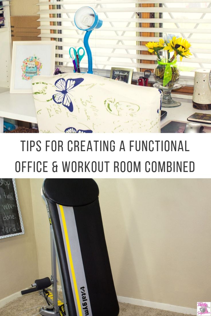 an office with a desk and chair in the background, text reads tips for creating a functional office & workout room combined