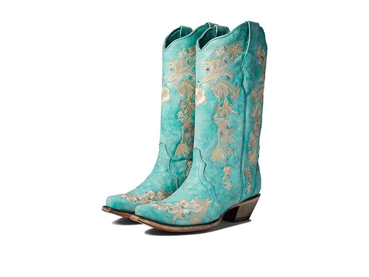 Corral Boots A4239 - Women's Shoes : Turquoise : Wear the Corral Boots A4239 to make a powerful impression. Man-made upper. Man-made lining. Slide closure. Allover intricate textures and embellishments. Snip toe silhouette. Man-made outsole. Imported. Measurements: Weight: 1 lb 10 oz Product measurements were taken using size 9, width B - Medium. Please note that measurements may vary by size. Weight of footwear is based on a single item, not a pair. Designer Embellished Fitted Boots, Formal Embellished Closed Toe Boots, Embellished Closed Toe Boots For Formal Occasions, Spring Formal Embellished Boots, Elegant Embellished Snip Toe Boots, Embellished Boots For Formal Spring Occasions, Fitted Embellished Boots With Pointed Toe, Elegant Embroidered Pointed Toe Boots, Designer Fitted Snip Toe Boots