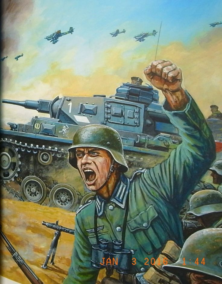 a painting of a man in uniform yelling at an army tank with other tanks behind him