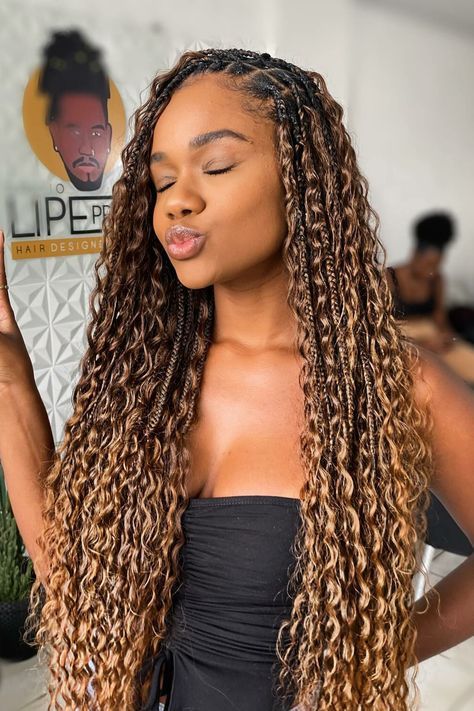 Boho box braids (also known as gypsy or goddess box braids) have become popular with celebrities like Zoe Kravitz. Explore new ways to install and style this fun look! Boho Braided Hairstyles, Bohemian Braids, Goddess Braids Hairstyles, Blonde Braids, Box Braids Hairstyles For Black Women, Braids Hairstyles Pictures, Protective Hairstyles Braids, Goddess Hairstyles, Pretty Braided Hairstyles