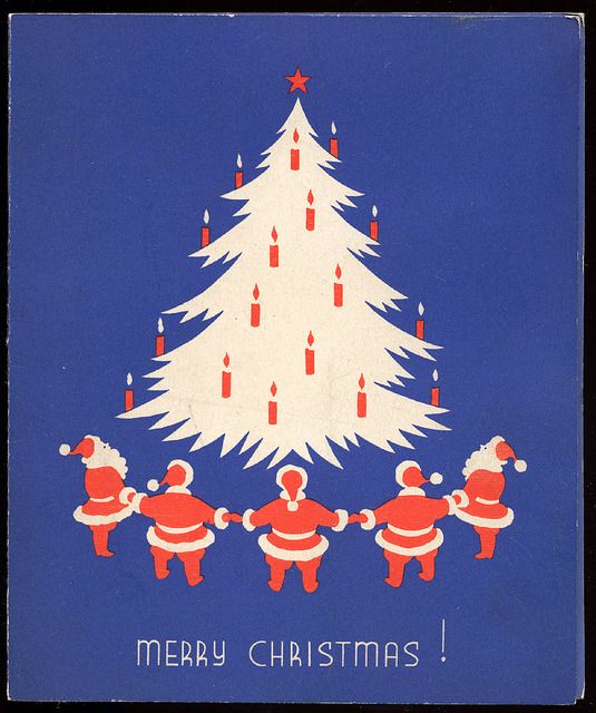 an old fashioned christmas card with santas and a tree on the front in blue