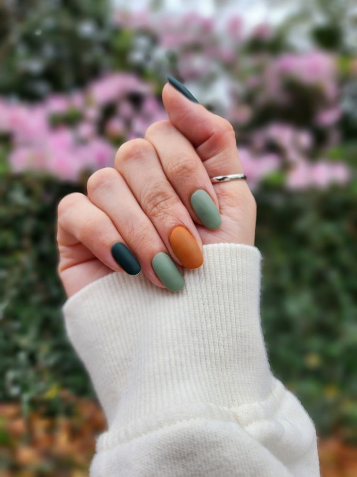 Fall Brown Nails Matte And Glossy, 3 Color Manicure, Green Orange Fall Nails, Dark Orange Matte Nails, Nails With Terracotta Dress, Orange And Sage Nails, Burnt Orange And Sage Green Nails, Dark Teal And Rust Orange Nails, September Green Nails