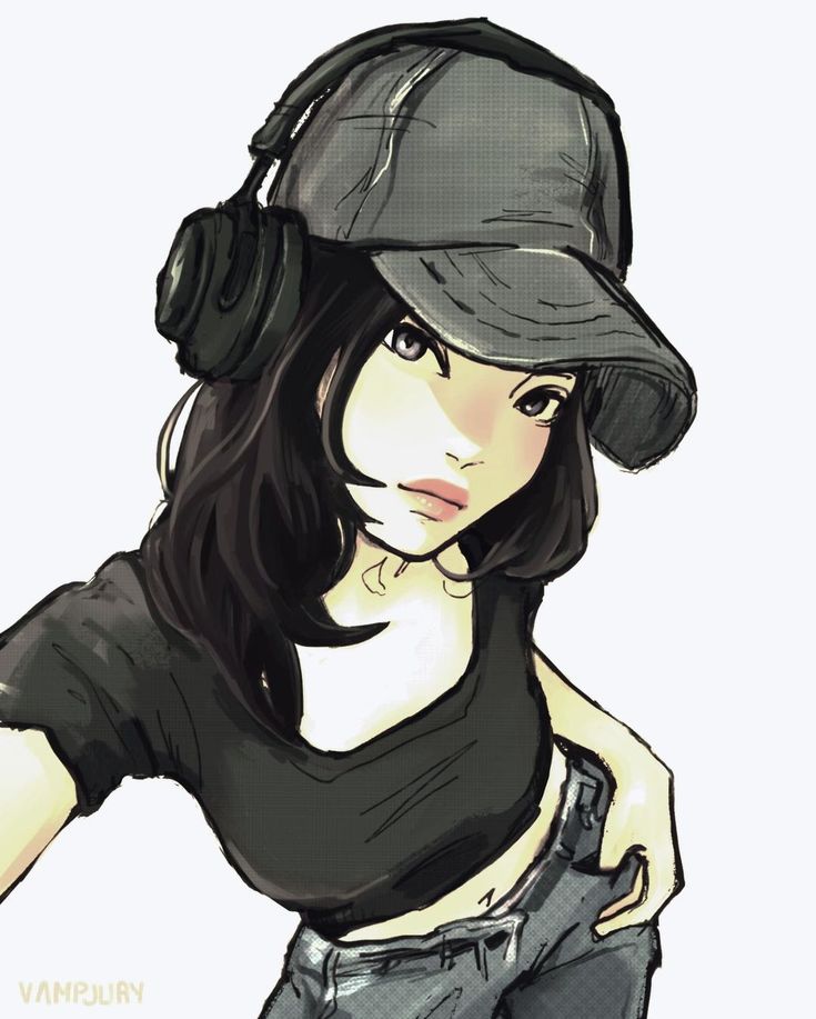 a drawing of a woman wearing headphones and a cap with her arm around her shoulder