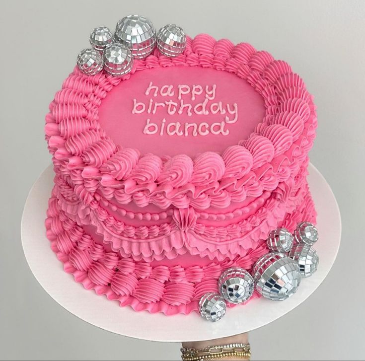 Pink cake with different size disco ball decorations All Pink Cake Birthday, Pink Disco Cake Ideas, 2000s Cake Design, Hot Pink Disco Cake, Bright Pink Birthday Cake, Y2k Bday Cake, Disco Birthday Cake Ideas, Pink Disco Birthday Cake, Girly Cake Ideas