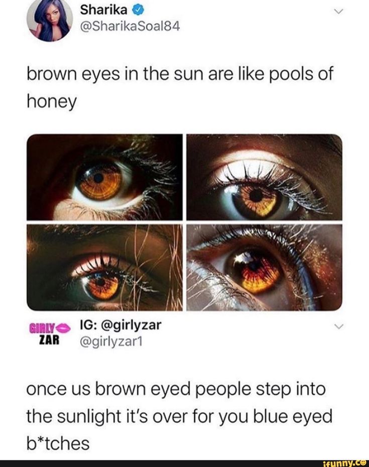 an image of two different eyes with the caption brown eyes in the sun like pools of honey