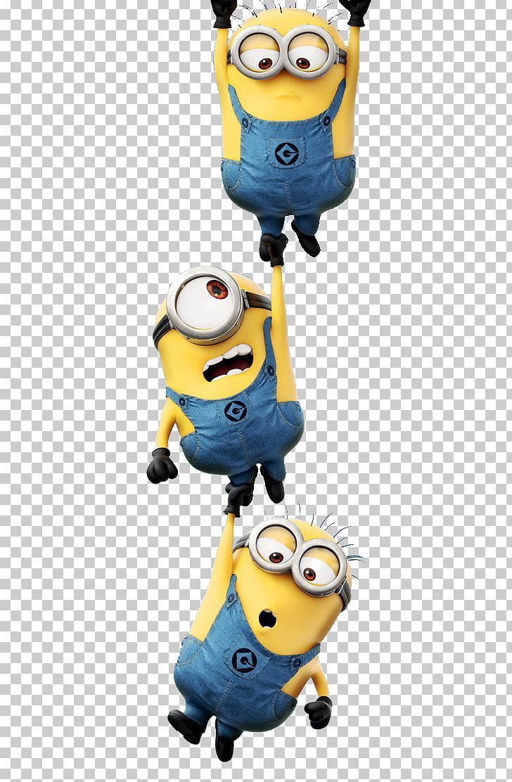 three minion characters flying through the air with their arms in the air, and one is