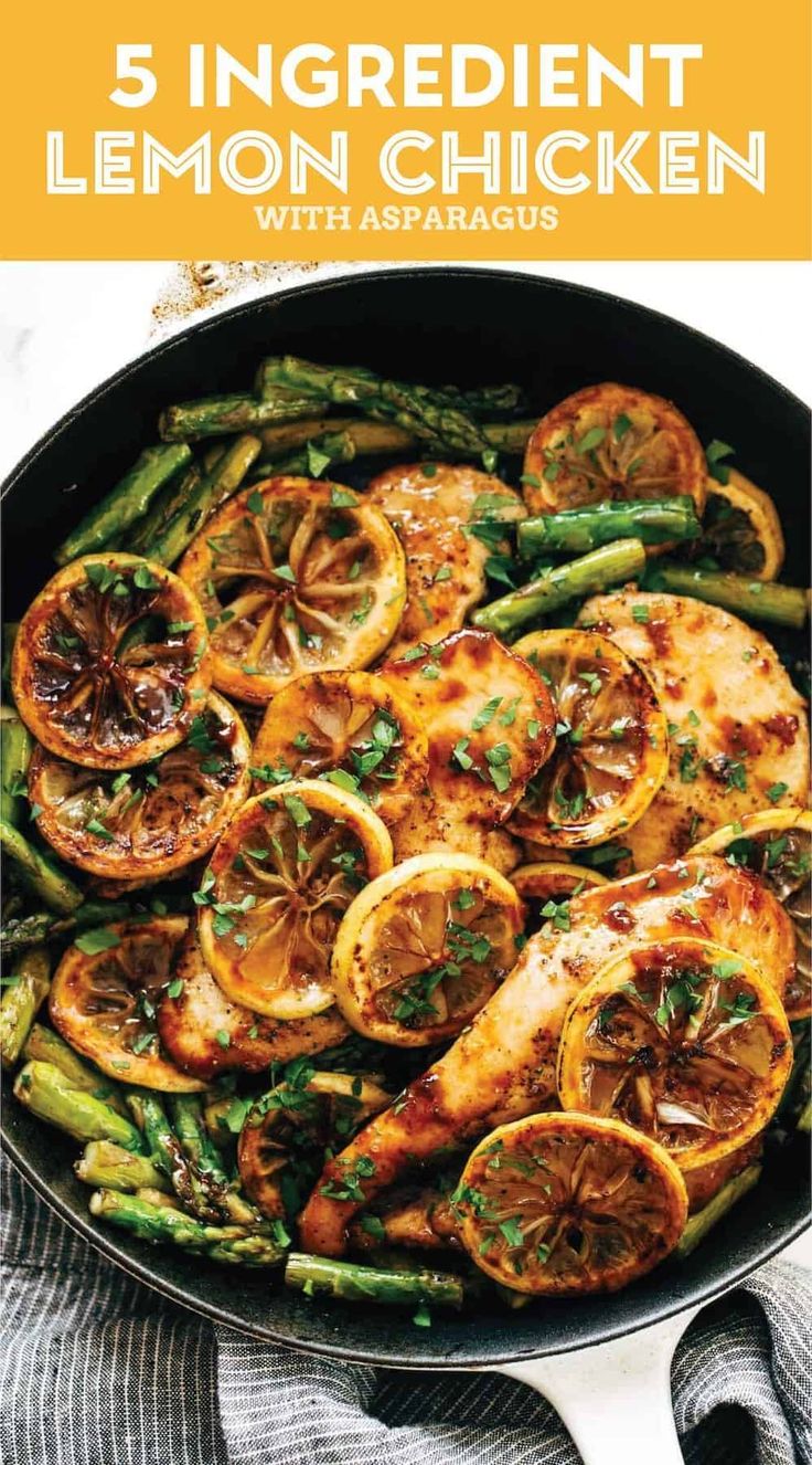 lemon chicken and asparagus in a skillet with text overlay that reads 5 ingredient lemon chicken with asparagus