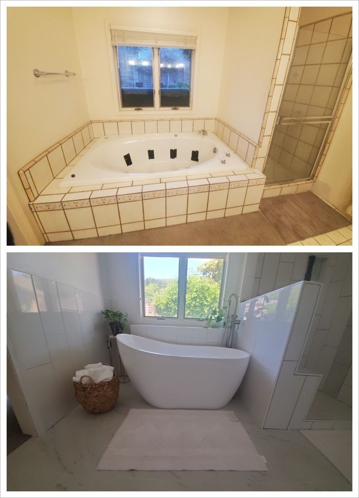 there are two pictures of a bathroom with tub and shower