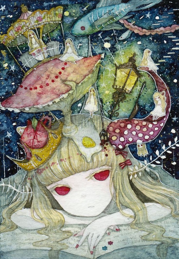 a painting of a woman with many different things on her head