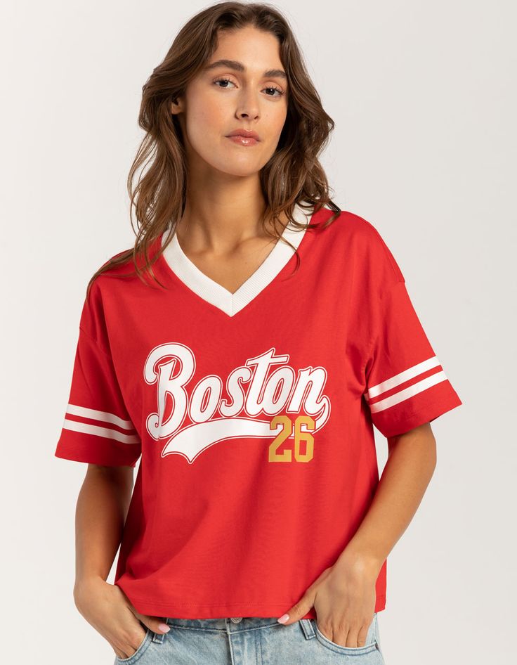 Rsq Boston V-Neck Tee. Graphic Screened On Front, And Two Stripes On The Sleeves Give It A Sporty Edge. Features A Ribbed V-Neckline And Relaxed Fit. 100% Cotton. Machine Wash. Imported. Model Is Wearing A Size Small. Model Measurements:height: 5'8" Bust: 34"waist: 25"hips: 37.5" Casual V-neck Tops With Text Print, Sporty V-neck Top For College, College V-neck Graphic Print T-shirt, Cotton V-neck Top With Letter Print, Red Relaxed Fit V-neck T-shirt, Sporty V-neck T-shirt For Loungewear, Sporty V-neck Tops For Loungewear, Casual V-neck Top For College, Varsity Tops With Text Print