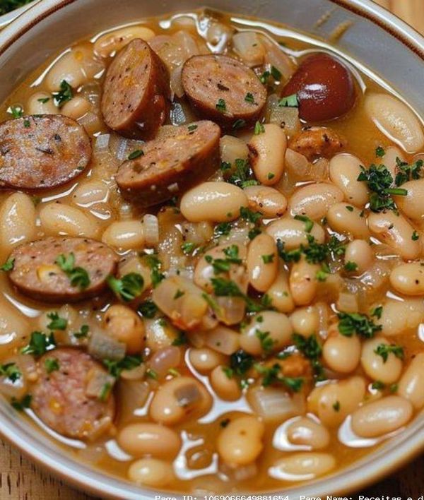 a bowl filled with beans and sausages on top of a wooden table next to bread