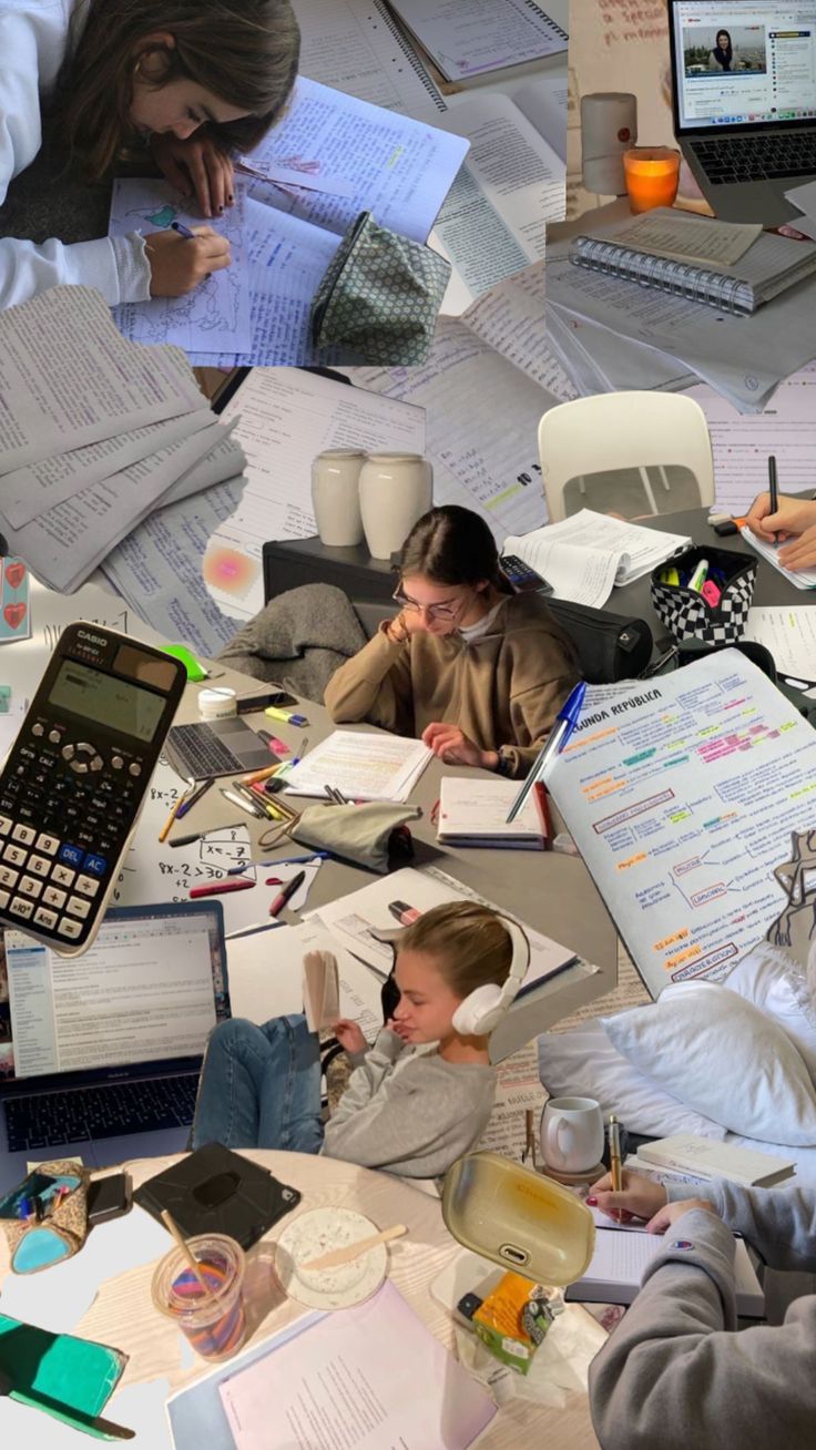 a collage of people sitting at a table with papers and calculators