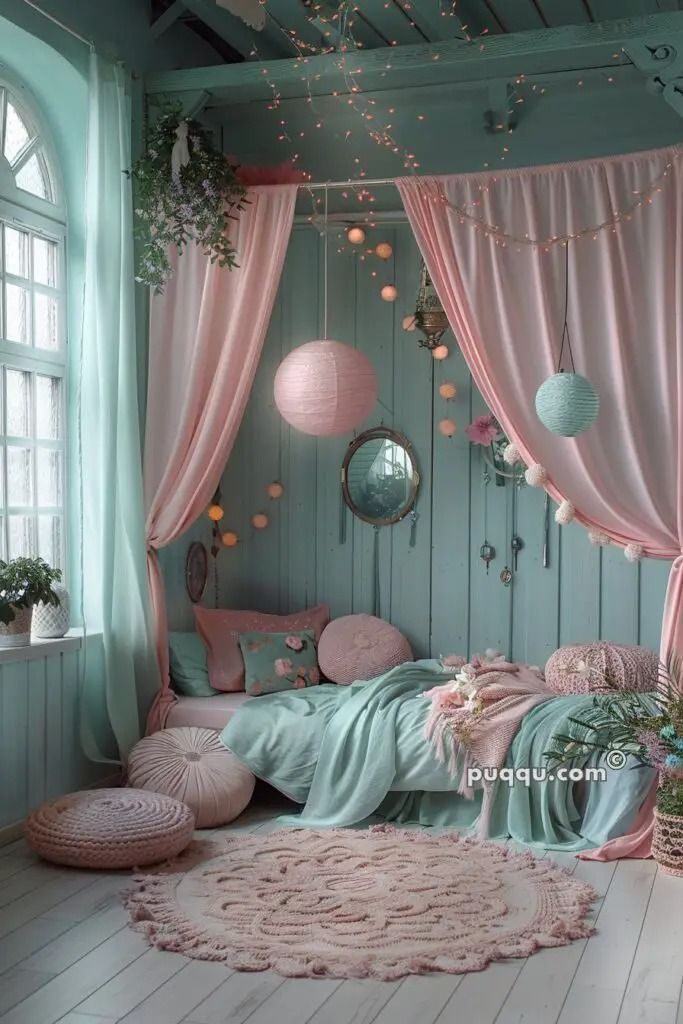 a bedroom decorated in pastel colors with pink and blue accents, round rugs and hanging lights