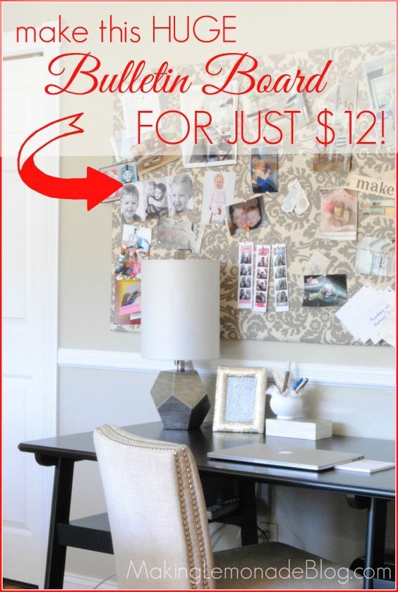 a desk with a lamp and pictures on the wall above it that says make this huge bulletin board for just $ 12