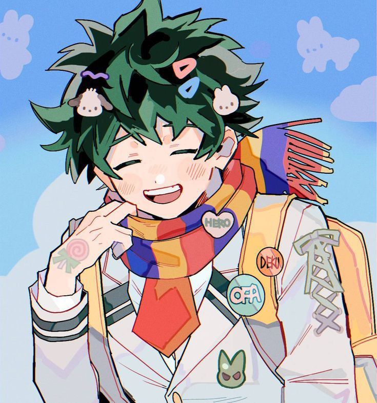 an anime character with green hair wearing a scarf and holding his hand to his face