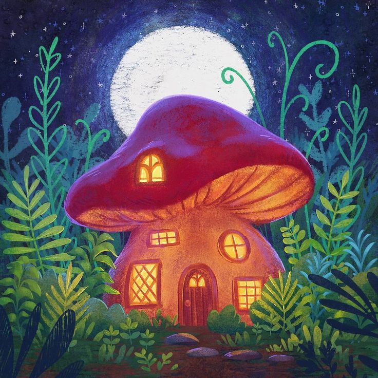 a painting of a mushroom house in the woods