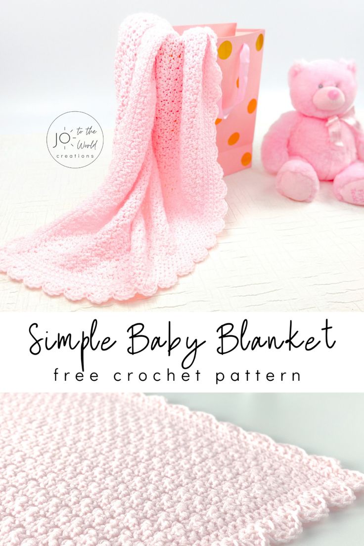 the crochet baby blanket is next to a pink teddy bear