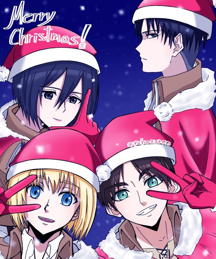 three anime characters wearing christmas hats in front of the snow covered sky with merry christmas written on it