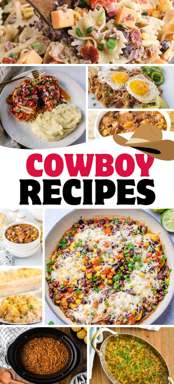 Cowboy recipes photo collage. Country Style Meals, Easy Blue Collar Meals, Easy Country Meals, Cowboy Cooking Recipes, Western Recipes Dinners, Cowboy Side Dishes, Cowboy Christmas Party Food, Western Dishes Recipes, Cowboy Dinner Ideas