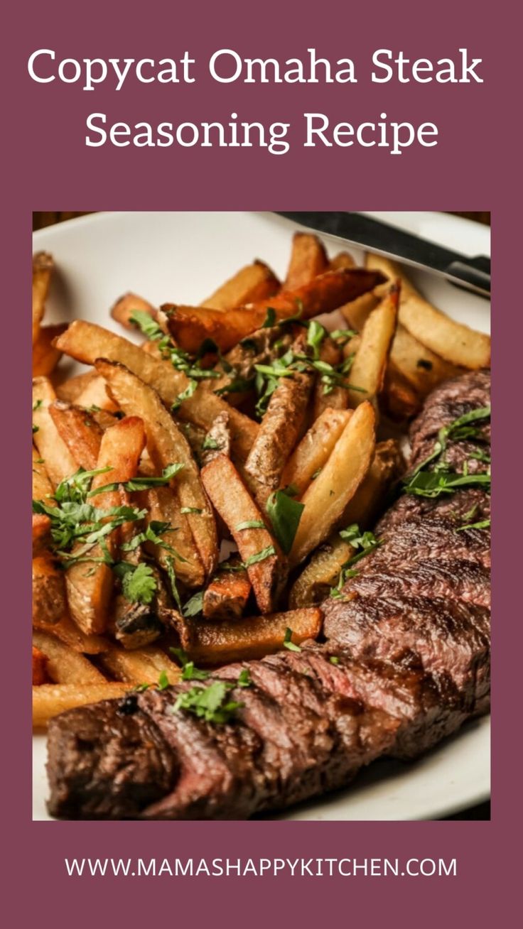 a steak and french fries on a plate with the words copyotat obama steak seasoning recipe