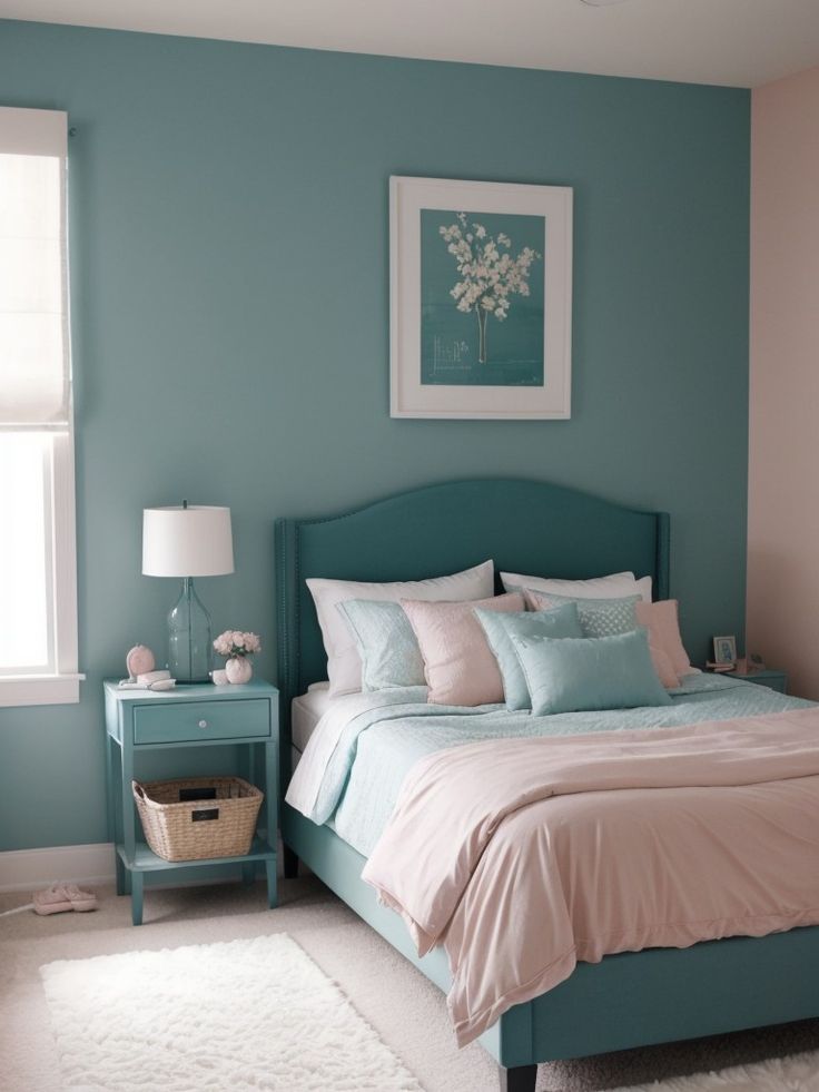 a bedroom with blue walls and white carpet