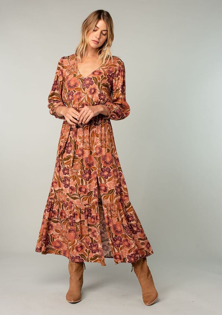 An ultra-flowy long sleeve bohemian maxi dress in a vintage-inspired clay red floral print. Designed in Los Angeles, California. Shop beautiful bohemian dresses here! Brown V-neck Maxi Dress With Floral Print, Brown Floral Print V-neck Maxi Dress, Brown Long Sleeve Maxi Dress With Boho Print, Long Sleeve Brown Maxi Dress With Boho Print, Long Fall Dresses, Long Flowy Skirt, Maxi Dress Winter, Bohemian Dresses, Voluminous Sleeves