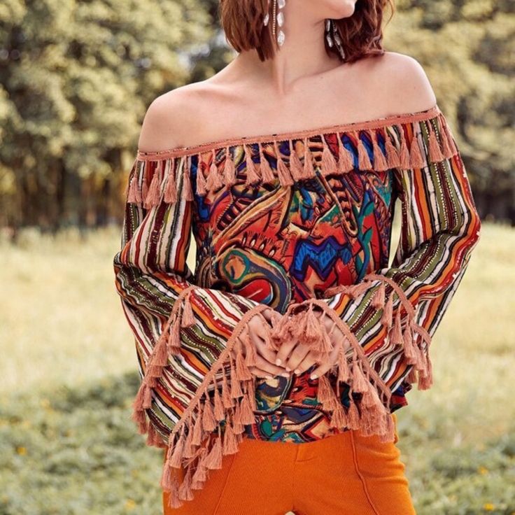 Brand New Boho/Hippie Style Top! Carefree Vibe, Fringe Around Neckline And On Bell Sleeves! Vibrant Colours, Off The Shoulder, Sper Cute! Multicolor Festival Tops For Fall, Summer Festival Patterned Tops, Colorful Long Sleeve Summer Tops, Bohemian Colorful Pattern Tops For Vacation, Bohemian Colorful Patterned Tops For Vacation, Hippie Summer Tops With Tassels, Colorful Patterned Tops For Spring Festival, Colorful Pattern Top For Spring Festival, Multicolor Summer Tops With Tassels