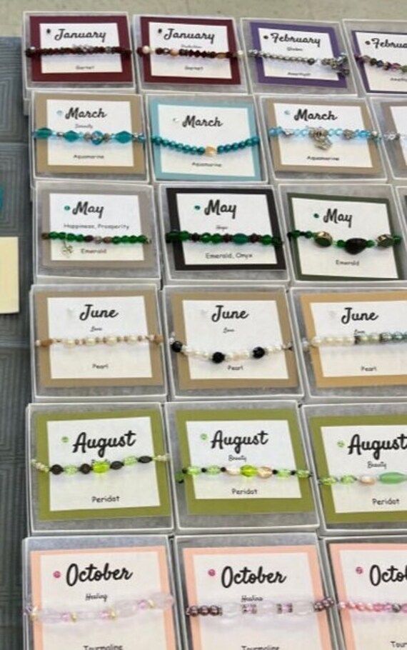 My bracelets are made from fine quality beads that have been recycled. These bracelets are made unique and I don't make any designs twice.  The bracelets are designed to showcase the birthstone of the month you are born!  They are placed on a card that has the month, birthstone and meaning of each birth month! Any charm can be added to personalize for a gift~ Adjustable Green Beaded Bracelet For Birthday Gift, Green Adjustable Beaded Bracelets For Birthday Gift, Adjustable Green Beaded Bracelets As Birthday Gift, Adjustable Green Beaded Bracelet For Birthday, Adjustable Birthstone Beaded Bracelets For Birthday Gift, Adjustable Birthstone Beaded Bracelets For Mother's Day, Adjustable Birthstone Beaded Bracelets For Friendship, Adjustable Birth Flower Bracelet For Birthday, Hypoallergenic Beaded Bracelets For Mother's Day Birthday Gift