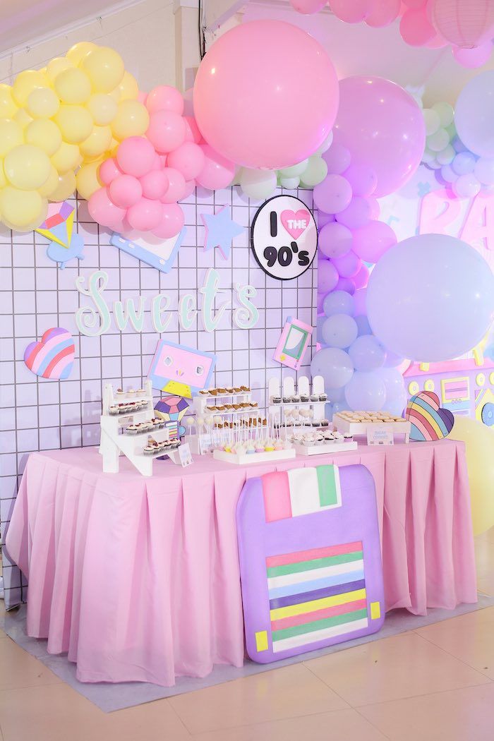 a party with balloons, cake and desserts